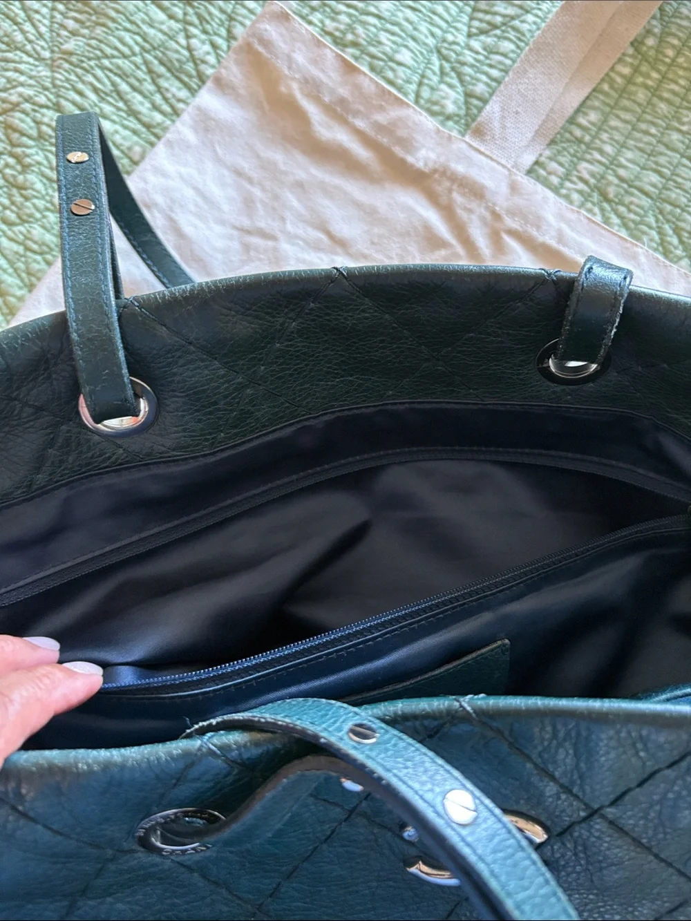 Authentic CHANEL Quilted Leather Tote in Deep Green with Silver Hardware